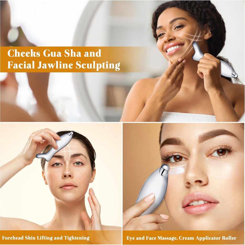 Gua Sha Tool for Face & Eye, Stainless Steel Gua Sha Facial Massager Tool for Reduce Puffiness, Relax Facial Tension & Promote Lymphatic Drainage, Body Scraper, Eye Massage Roller
