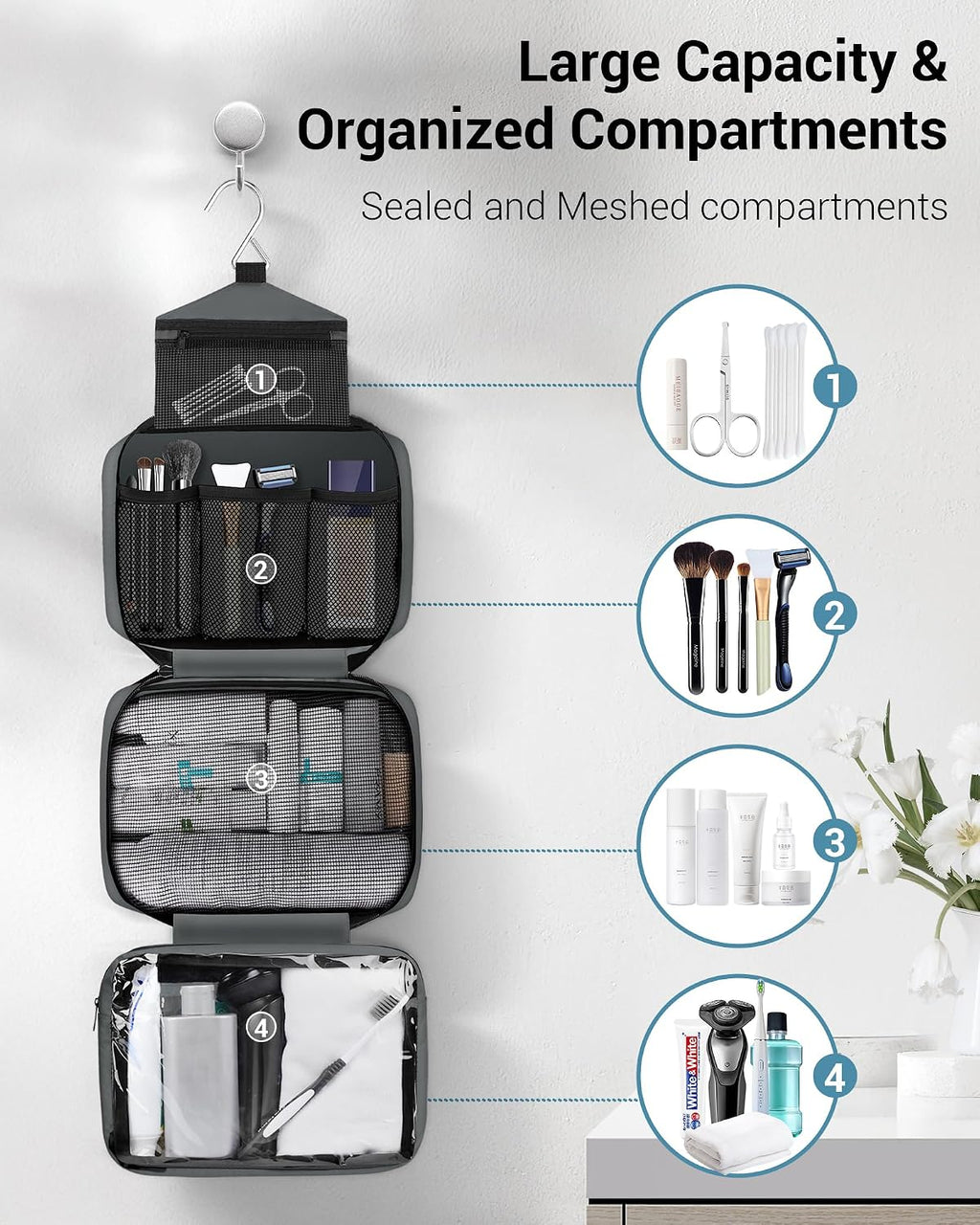 Toiletry Bag for Men & Women Travel Toiletry Bag Hanging Toiletry Bag Hygiene Organizer with 4 Compartments Waterproof Bathroom Shower Bag Large Toiletries Travel Bag (Gray)