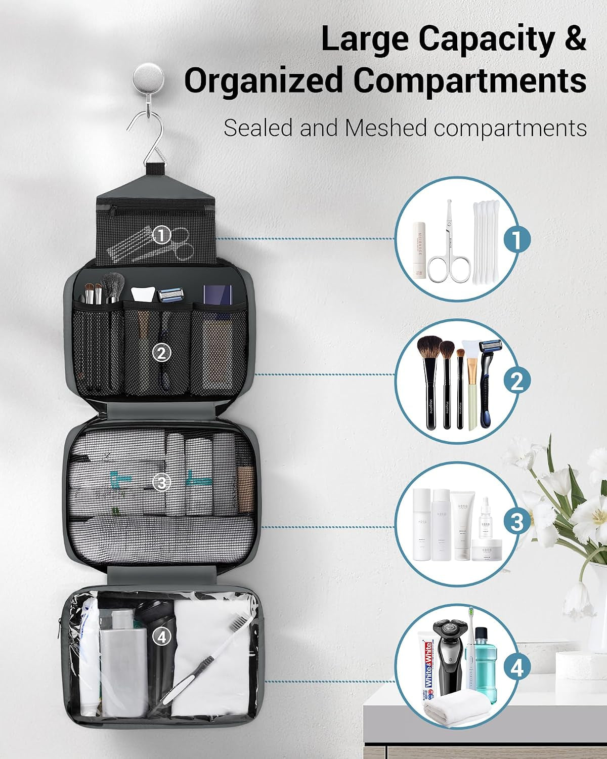 Toiletry Bag for Men & Women Travel Toiletry Bag Hanging Toiletry Bag Hygiene Organizer with 4 Compartments Waterproof Bathroom Shower Bag Large Toiletries Travel Bag (Gray)