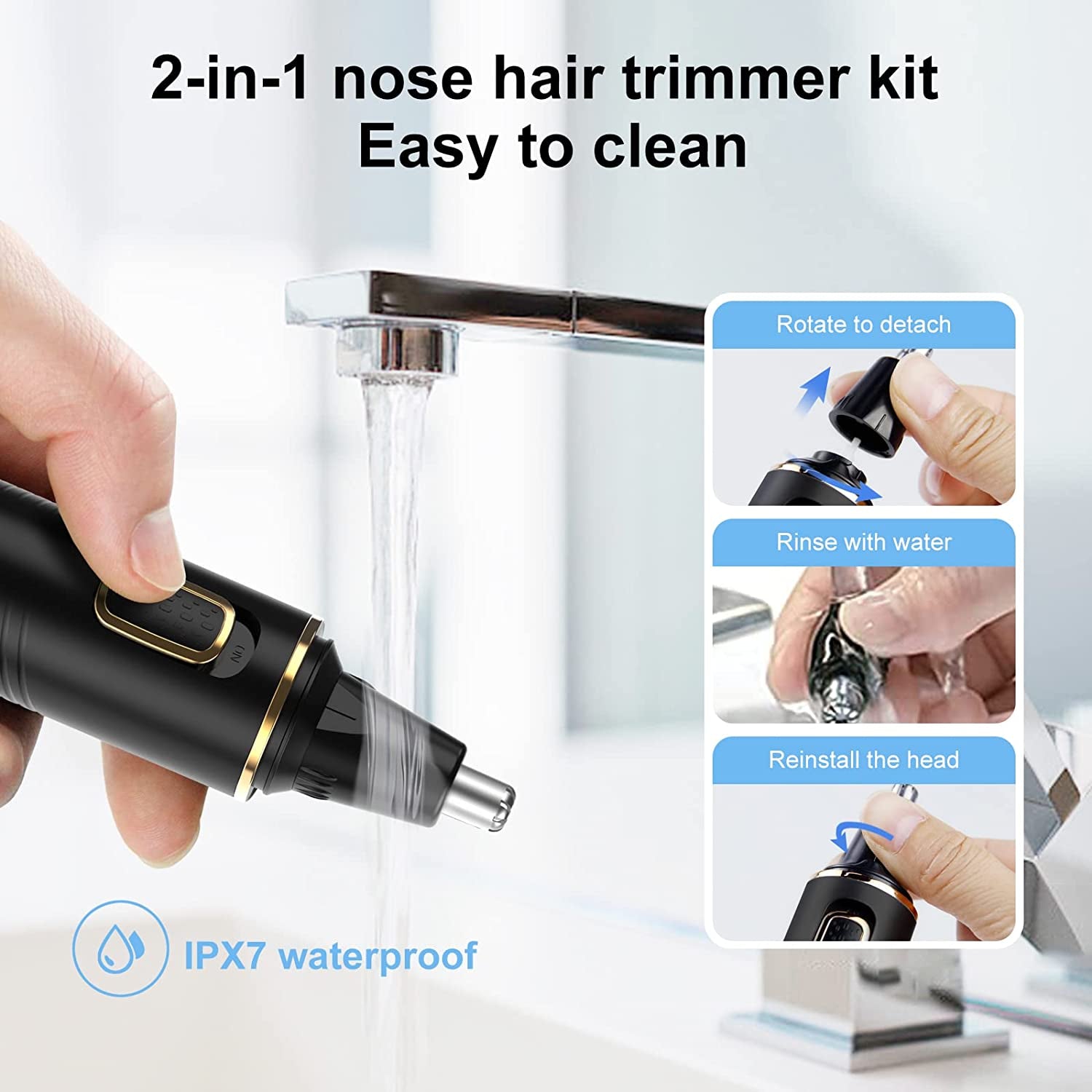 Nose Hair Trimmers for Men，Rechargeable Hair Trimmer 2 in 1 Painless Multifunctional Ear and Nose Hair Trimmer with IPX7 Waterproof Dual Edge Blades (Black)