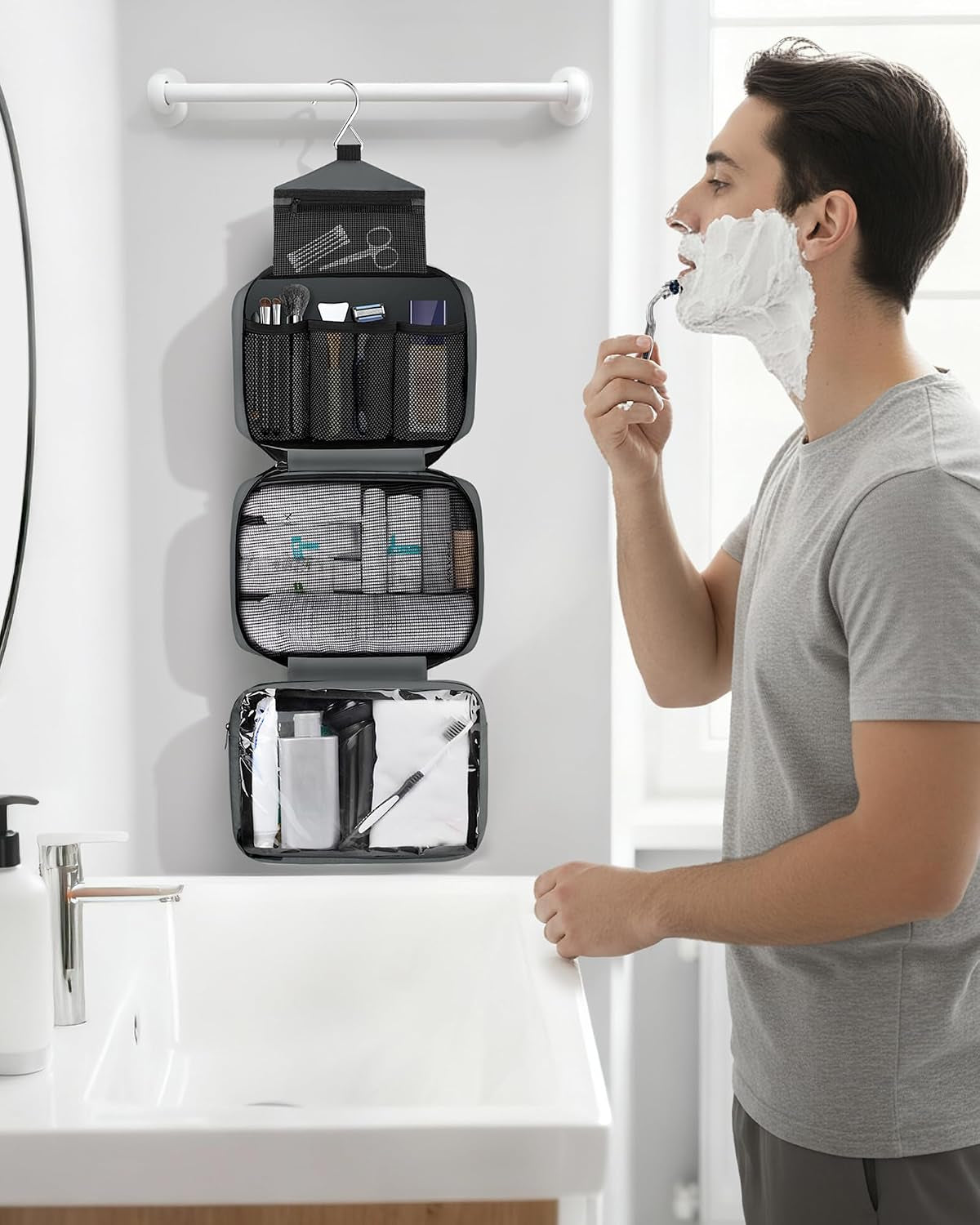 Toiletry Bag for Men & Women Travel Toiletry Bag Hanging Toiletry Bag Hygiene Organizer with 4 Compartments Waterproof Bathroom Shower Bag Large Toiletries Travel Bag (Gray)