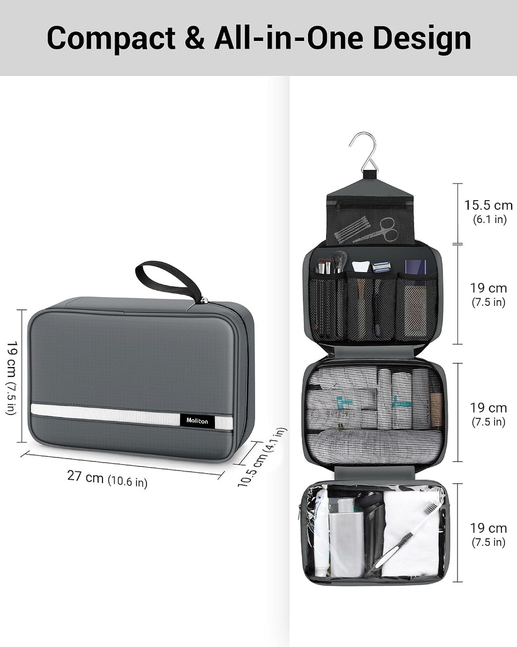 Toiletry Bag for Men & Women Travel Toiletry Bag Hanging Toiletry Bag Hygiene Organizer with 4 Compartments Waterproof Bathroom Shower Bag Large Toiletries Travel Bag (Gray)
