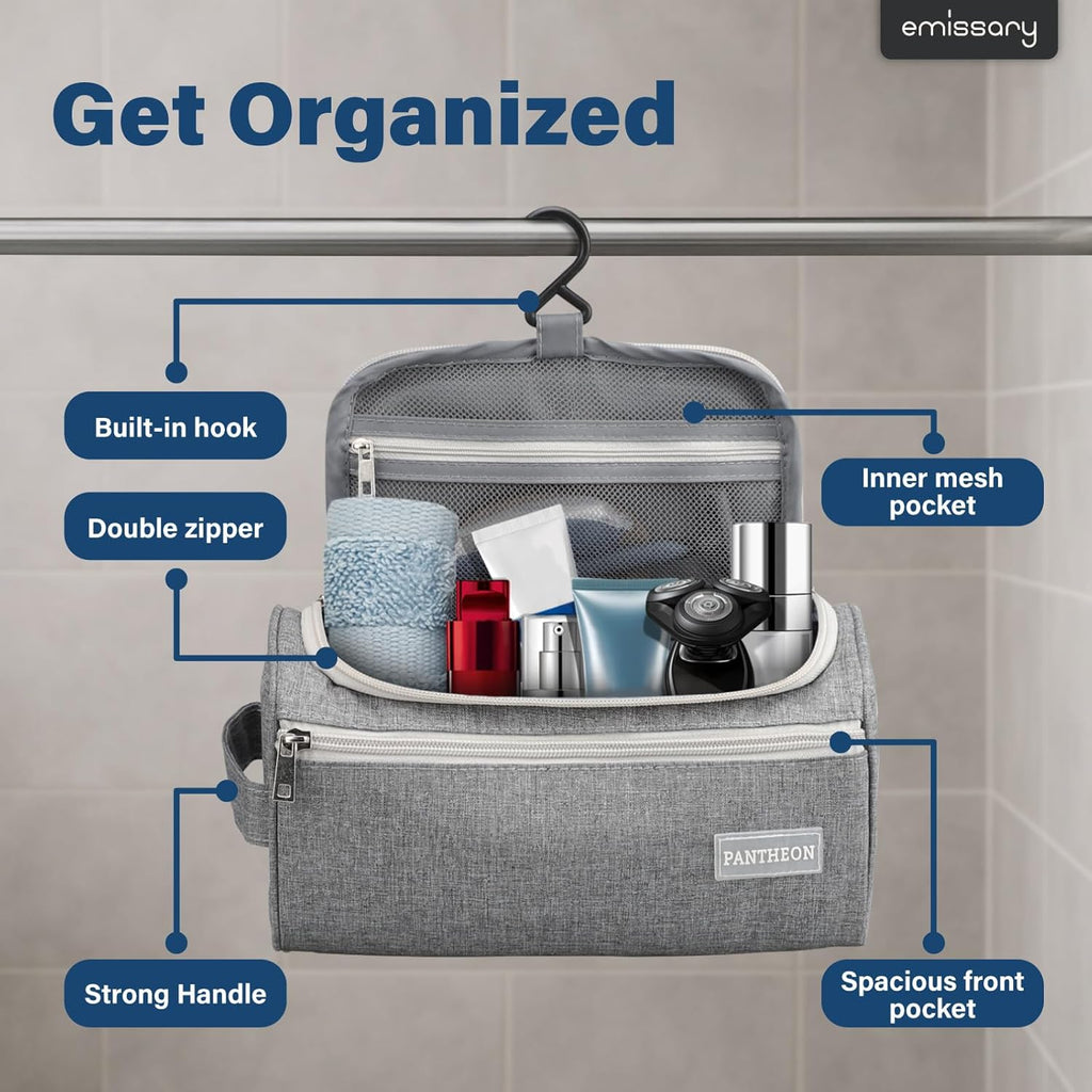 Hanging Travel Toiletry Bag for Men, Dopp Kit - Gray | Hanging Hook, Water-Resistant Lining, Zip & Mesh Pockets; Men'S Dopp Kit for Travel, Gym, Hotel & Bathroom