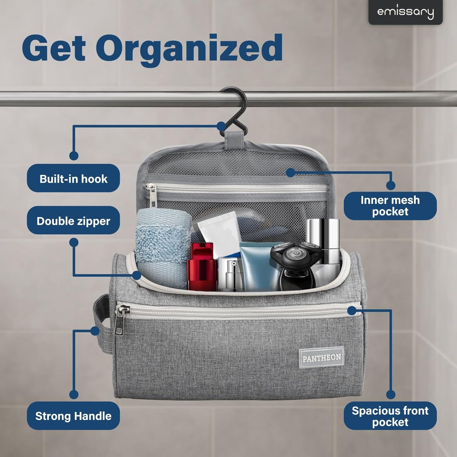 Hanging Travel Toiletry Bag for Men, Dopp Kit - Gray | Hanging Hook, Water-Resistant Lining, Zip & Mesh Pockets; Men'S Dopp Kit for Travel, Gym, Hotel & Bathroom