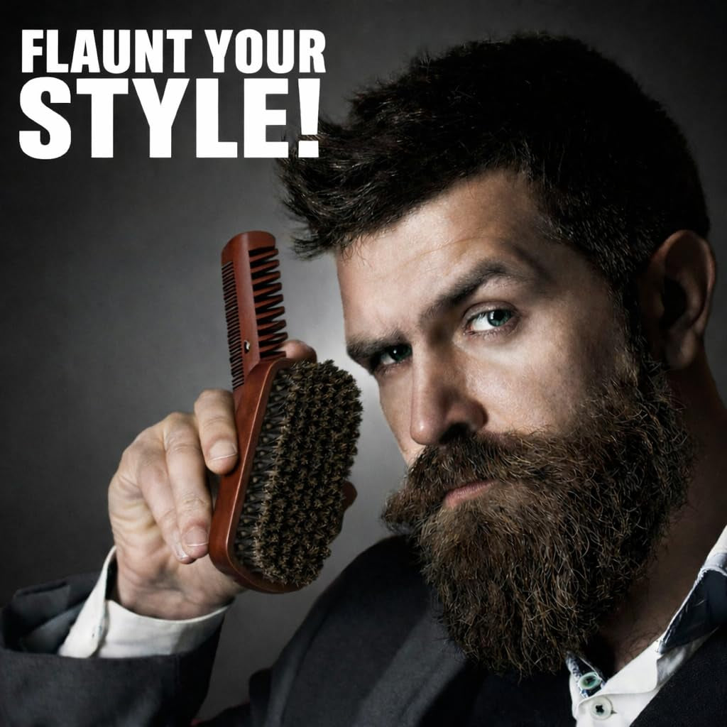 Beard Comb for Men & 100% Boar Bristle Beard Brush for Men, Best Beard Grooming Kit, Natural Mustache Brush and Comb for Men, Hair Brush, Mens Beard Care Gifts, Gift for Beard
