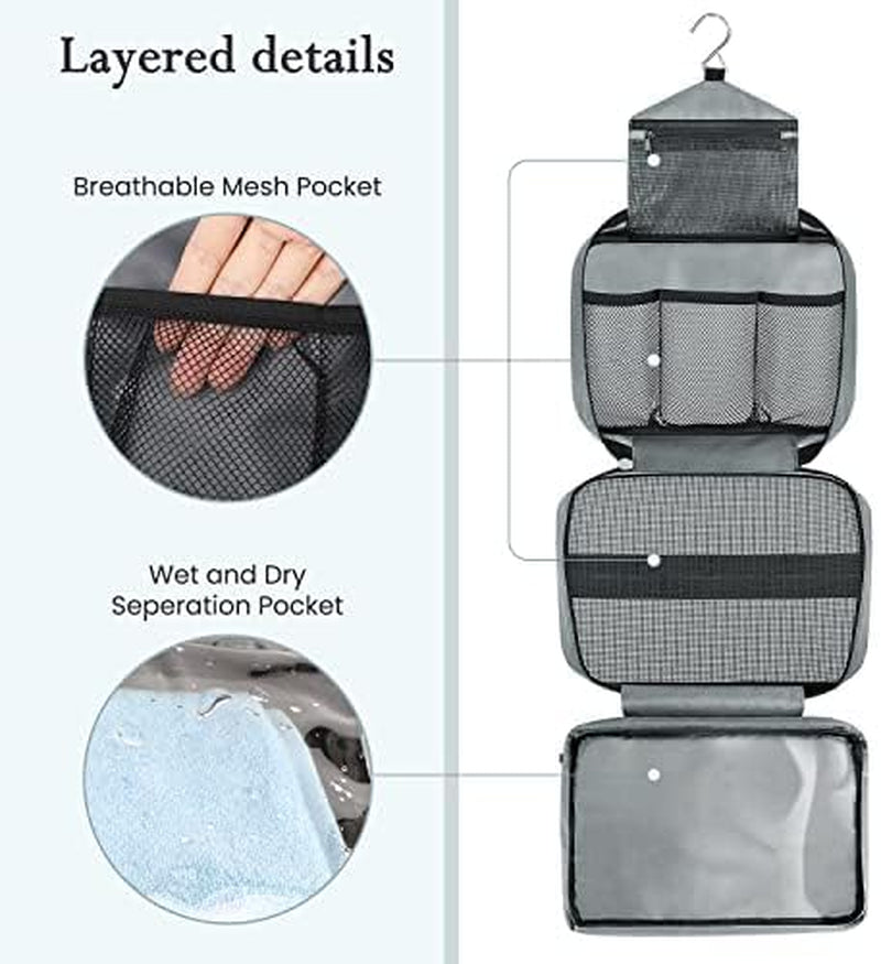 Toiletry Bag for Men & Women Travel Toiletry Bag Hanging Toiletry Bag Hygiene Organizer with 4 Compartments Waterproof Bathroom Shower Bag Large Toiletries Travel Bag (Gray)
