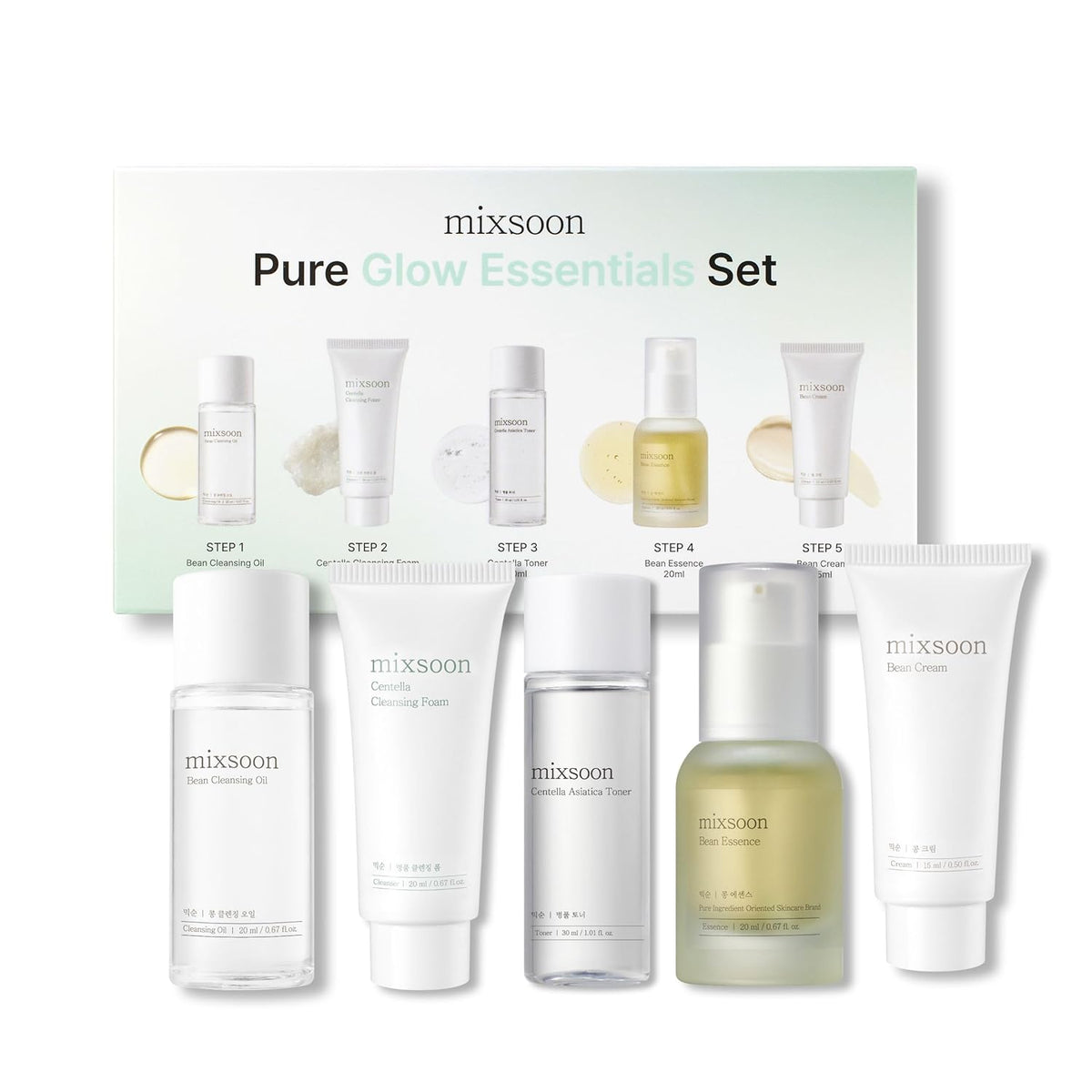 Pure Glow Essentials Set - 5-Step Skincare Kit - Travel Kit, Travel Size Kit, Hydrating Skincare Gift Set (15Ml*1+20Ml*3+30Ml*1) Korean Glass Skin Care