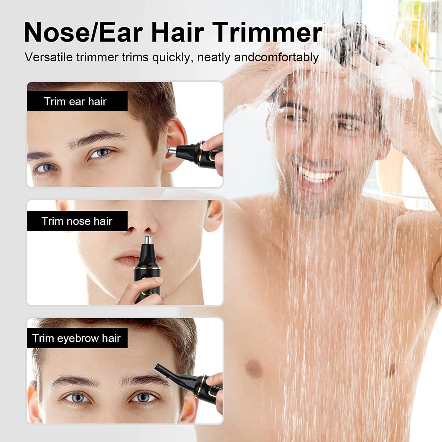 Nose Hair Trimmers for Men，Rechargeable Hair Trimmer 2 in 1 Painless Multifunctional Ear and Nose Hair Trimmer with IPX7 Waterproof Dual Edge Blades (Black)