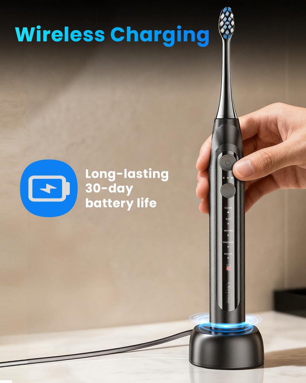 Electric Toothbrush for Adults, Rechargeable Electric Toothbrush with 8 Brush Heads, Travel Case, Charging Base & Wireless Charging - 5 Modes with Smart Timer