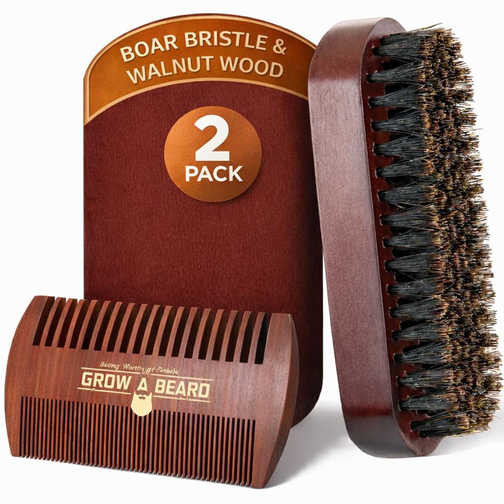Beard Comb for Men & 100% Boar Bristle Beard Brush for Men, Best Beard Grooming Kit, Natural Mustache Brush and Comb for Men, Hair Brush, Mens Beard Care Gifts, Gift for Beard