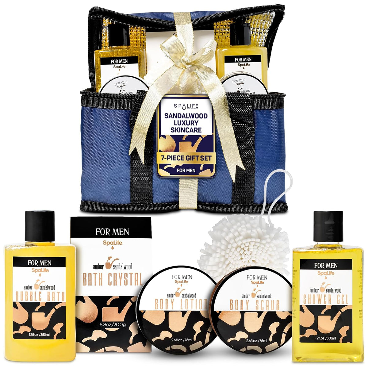 Luxury Spa Skincare Sandalwood Gift Set for Men | Mens Body Wash Gifts | Mens Gift Set for Bath and Body | Gifts for Men | Cleansing, Moisturizing, Exfoliating | 7-Piece Bundle