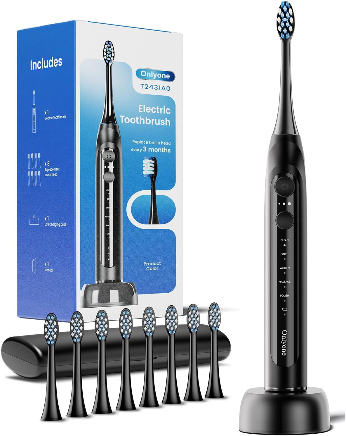 Electric Toothbrush for Adults, Rechargeable Electric Toothbrush with 8 Brush Heads, Travel Case, Charging Base & Wireless Charging - 5 Modes with Smart Timer